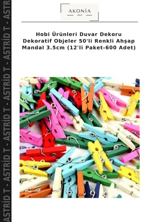 Hobi Ürünleri Duvar Dekoru Dekoratif Objeler 50'li Renkli Ahşap Mandal 3.5cm (12'li Paket-600 Adet)