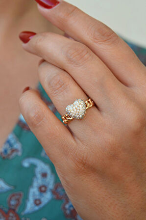 Zirkon Taşlı Kalp Yüzük Zincir Detaylı Kalp Model Yüzük Size 16