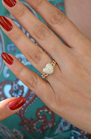 Zirkon Taşlı Kalp Yüzük Zincir Detaylı Kalp Model Yüzük Size 16