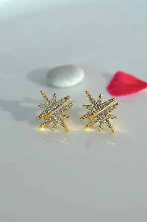 Gold Renkli Kuzey Yıldızı Küpe Kutup Yıldızı Zirkon Küpe