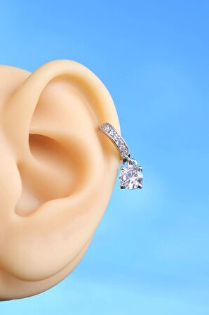 Zirkon Tektaş Sallantılı Helix Küpesi Mini Tektaş Halka Küpe Gümüş Renkli Tek Adet