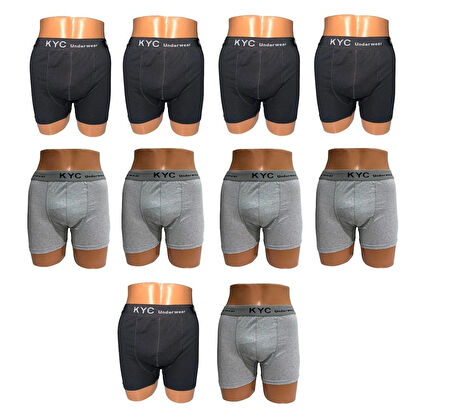 10 Adet Siyah-Gri Karışık Renk 1.Kalite Pamuklu Likralı Penye Esnek Kumaş Boxer Baksır