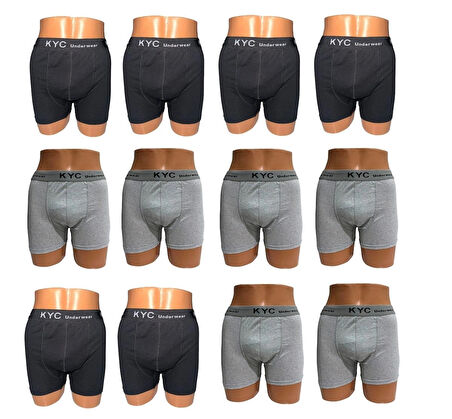 12 Adet Siyah-Gri Karışık Renk 1.Kalite Pamuklu Likralı Penye Esnek Kumaş Boxer Baksır