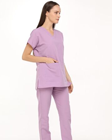 Lila Likralı Doktor Hemşire Cerrahi Scrubs Kadın Forma Takımı