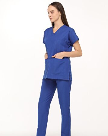 Saks Mavisi Likralı Doktor Hemşire Cerrahi Scrubs Kadın Forma Takımı