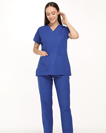 Saks Mavisi Likralı Doktor Hemşire Cerrahi Scrubs Kadın Forma Takımı