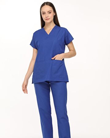 Saks Mavisi Likralı Doktor Hemşire Cerrahi Scrubs Kadın Forma Takımı
