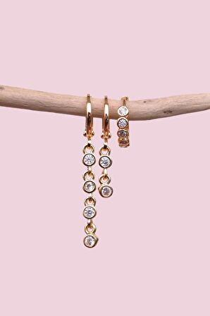 Taşlı Sallantılı Küpe Seti 3 Parça Su Yolu Küpe