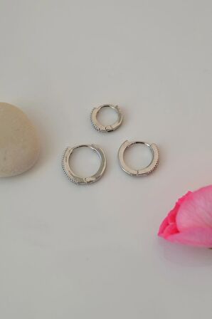 Taşlı Minimal Halka Küpe Seti 3 Parça Gümüş Renkli