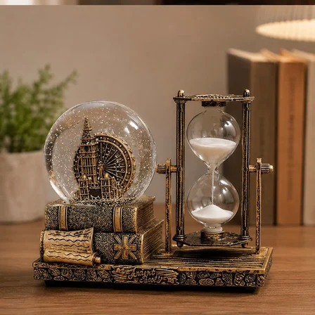 Kişiye Özel Dekoratif Big Ben Saat Kulesi Temalı Kar Küresi ve Kum Saati – Vintage Tasarım Hediyelik