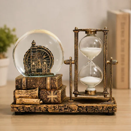 Kişiye Özel Dekoratif Big Ben Saat Kulesi Temalı Kar Küresi ve Kum Saati – Vintage Tasarım Hediyelik