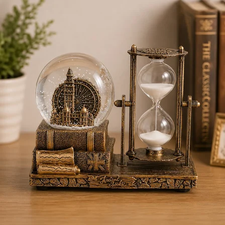 Kişiye Özel Dekoratif Big Ben Saat Kulesi Temalı Kar Küresi ve Kum Saati – Vintage Tasarım Hediyelik