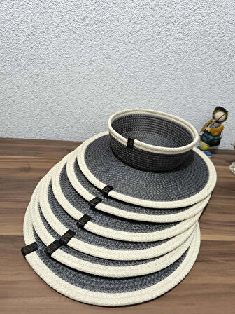 6 Adet Koyu Vizon Ekru Supla / Amerikan Servis 1 Adet Hasır Ekmek Sepeti