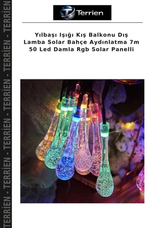 Yılbaşı Işığı Kış Balkonu Dış Lamba Solar Bahçe Aydınlatma 7m 50 Led Damla Rgb Solar Panelli