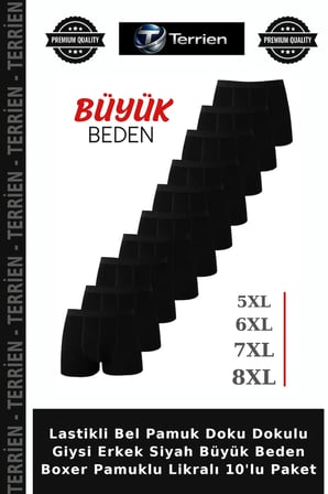Lastikli Bel Pamuk Doku Dokulu Giysi Erkek Siyah Büyük Beden Boxer Pamuklu Likralı 10'lu Paket
