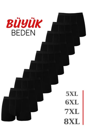 Lastikli Bel Pamuk Doku Dokulu Giysi Erkek Siyah Büyük Beden Boxer Pamuklu Likralı 10'lu Paket