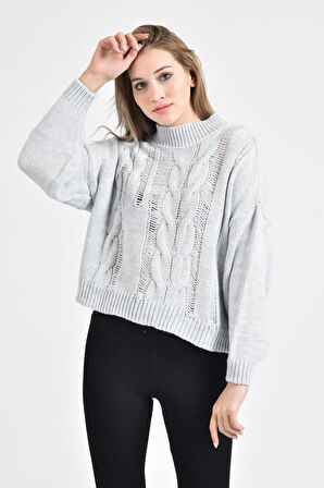 Yarım Balıkçı Yaka Uzun Kollu Saç Örgülü Gri Kadın Kazak