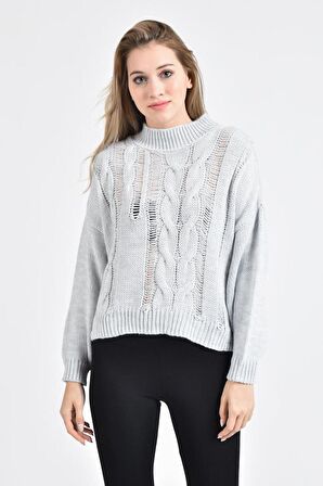 Yarım Balıkçı Yaka Uzun Kollu Saç Örgülü Gri Kadın Kazak