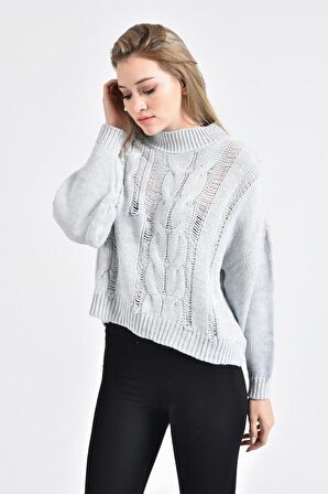 Yarım Balıkçı Yaka Uzun Kollu Saç Örgülü Gri Kadın Kazak