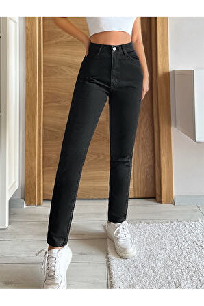 KADIN SİYAH YÜKSEK BEL MOM JEANS  PANTOLON