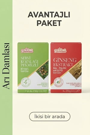 Arı Damlası 2'li Macun Setleri –Servi Kozalağı Pekmezli/Propolis Ekstraktlı Arı Sütü Bal Polen İçerikli Macun