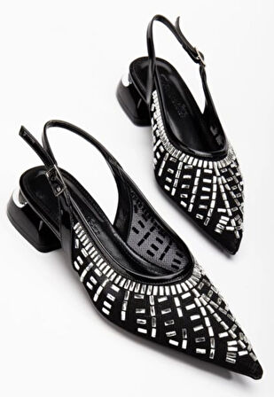 Piyar Siyah Taşlı Topuklu Ayakkabı