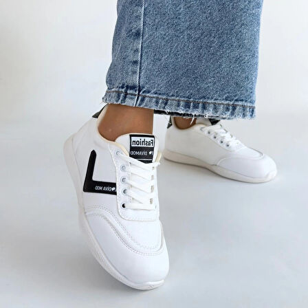 Jowen Beyaz Cilt Siyah Detaylı Bağcıklı Spor Ayakkabı