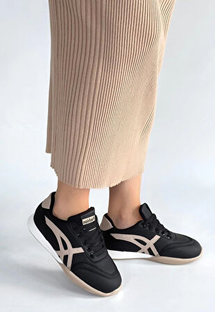 Zlay Siyah Cilt Bej Detaylı Bağcıklı Spor Ayakkabı