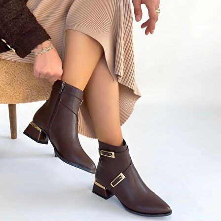 İnay Kahverengi Cilt Topuklu Bot