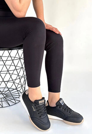 Tawen Siyah Cilt Bej Tabanlı Bağcıklı Spor Ayakkabı