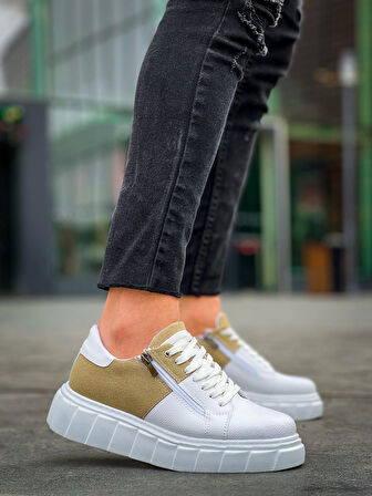 KB-X155 Kuback Beyaz Cilt Bej Süet Detaylı Beyaz Yüksek Taban Günlük Spor Ayakkabı