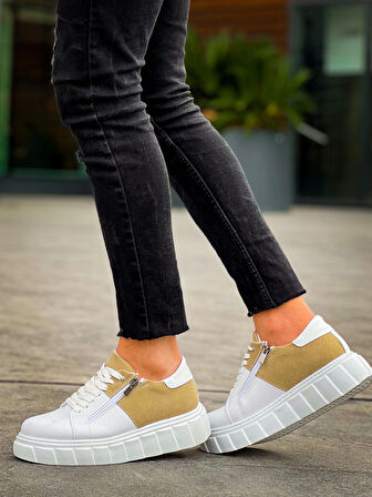 KB-X155 Kuback Beyaz Cilt Bej Süet Detaylı Beyaz Yüksek Taban Günlük Spor Ayakkabı