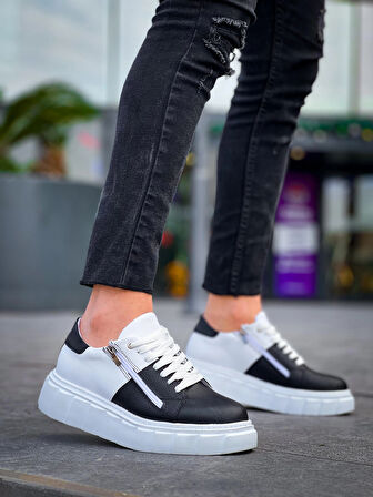 KB-X155 Kuback Siyah Cilt Beyaz Cilt Detaylı Beyaz Yüksek Taban Günlük Spor Ayakkabı