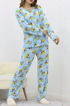 Desenli Poliviskon Pijama Takımı Mavi - 818.1287.