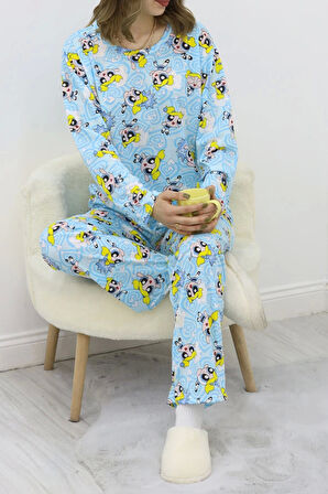 Desenli Poliviskon Pijama Takımı Mavi - 818.1287.
