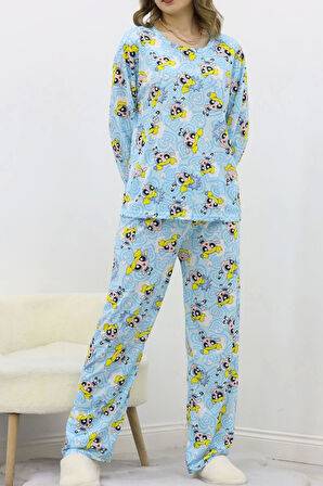 Desenli Poliviskon Pijama Takımı Mavi - 818.1287.