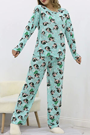 Desenli Poliviskon Pijama Takımı Mint - 818.1287.