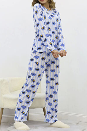 Desenli Poliviskon Pijama Takımı Maviçizgili - 818.1287.