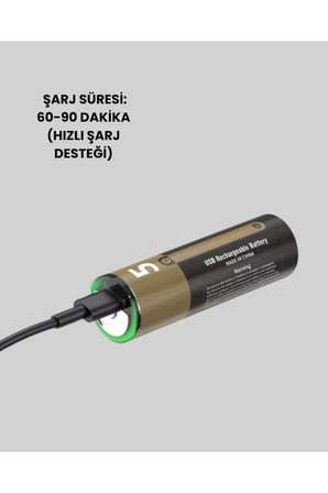 USB Type-C Girişli Şarjlı AA Lityum Pil 1.5V Sabit Çıkış 3200mWh 2'li Paket