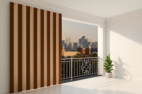 Kahve Krem Çizgili Su Geçirmez Kornişli Bağcıklı Balkon Perdesi Branda