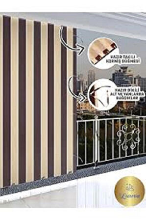 Kahve Krem Çizgili Su Geçirmez Kornişli Bağcıklı Balkon Perdesi Branda