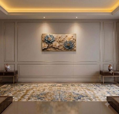 Kales01 Mavi Krem Çiçekli Tablo 3D Görünümlü Dijital Baskı 20x40 cm Çerçevesiz