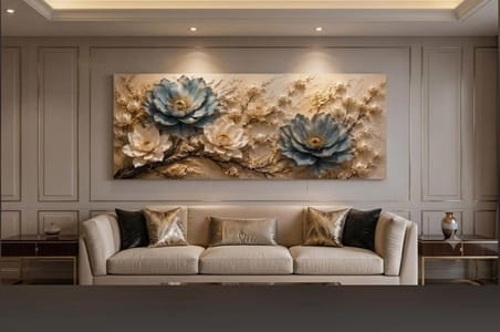 Kales01 Mavi Krem Çiçekli Tablo 3D Görünümlü Dijital Baskı 20x40 cm Çerçevesiz
