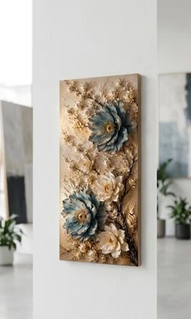 Kales01 Mavi Krem Çiçekli Tablo 3D Görünümlü Dijital Baskı 20x40 cm Çerçevesiz