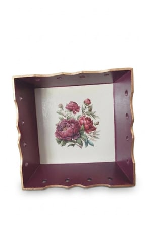 Kales01 Ahşap Sunum Sepeti Kare Çiçekli Ekmeklik Mürdüm 25x25 cm