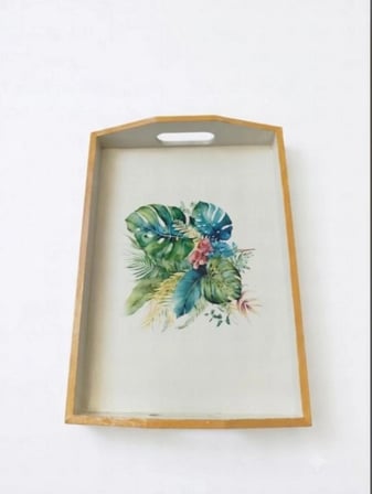 El Yapımı Ahşap Sunum Tepsisi - Tropikal Yaprak Desenli Dekoratif Tepsi (23x16 cm)