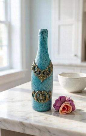 Kales01 Dekoratif Cam Vazo Turkuaz Antik Bronz Motifli Çatlatma Dokulu 24 cm
