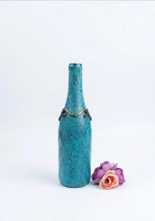 Kales01 Dekoratif Cam Vazo Turkuaz Antik Bronz Motifli Çatlatma Dokulu 24 cm