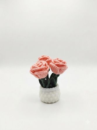 Kales01 Amigurumi Mini Gül Saksısı Dekoratif Biblo Pembe 5x10 cm