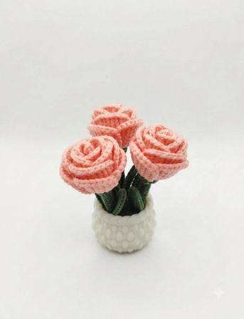 Kales01 Amigurumi Mini Gül Saksısı Dekoratif Biblo Pembe 5x10 cm